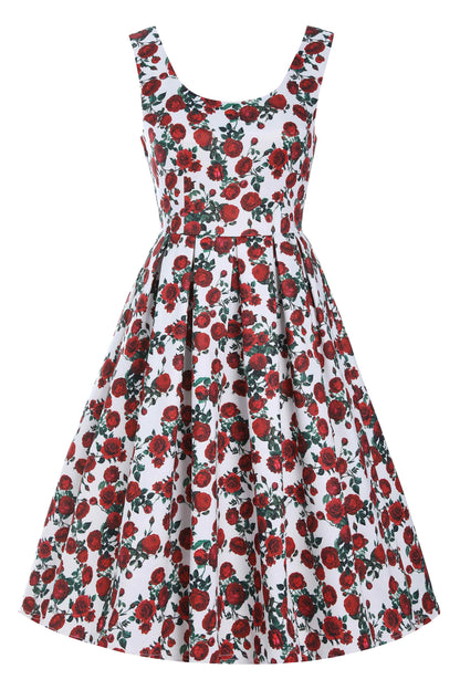 Amanda Retro Red Roses Swing Dress In White