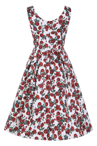 Amanda Retro Red Roses Swing Dress In White