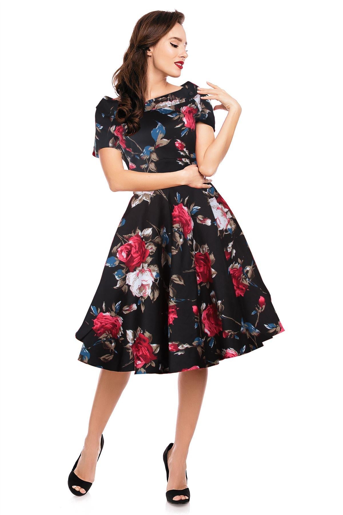 Darlene Rockabilly Floral Roses Swing Dress in Black