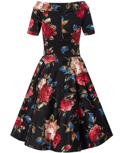 Darlene Rockabilly Floral Roses Swing Dress in Black