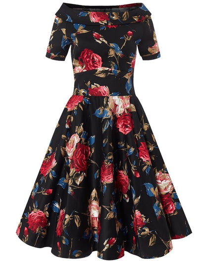 Darlene Rockabilly Floral Roses Swing Dress in Black