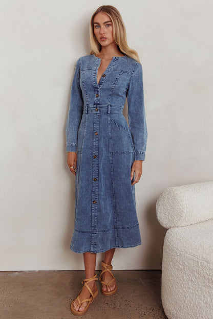 Aspen Love Front Pocket Midi Dress Denim Blue