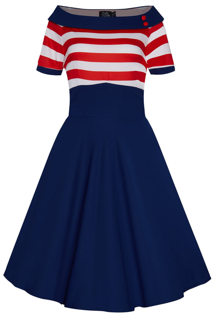 Darlene Nautical Swing Dress in Navy with Red & White Stripes