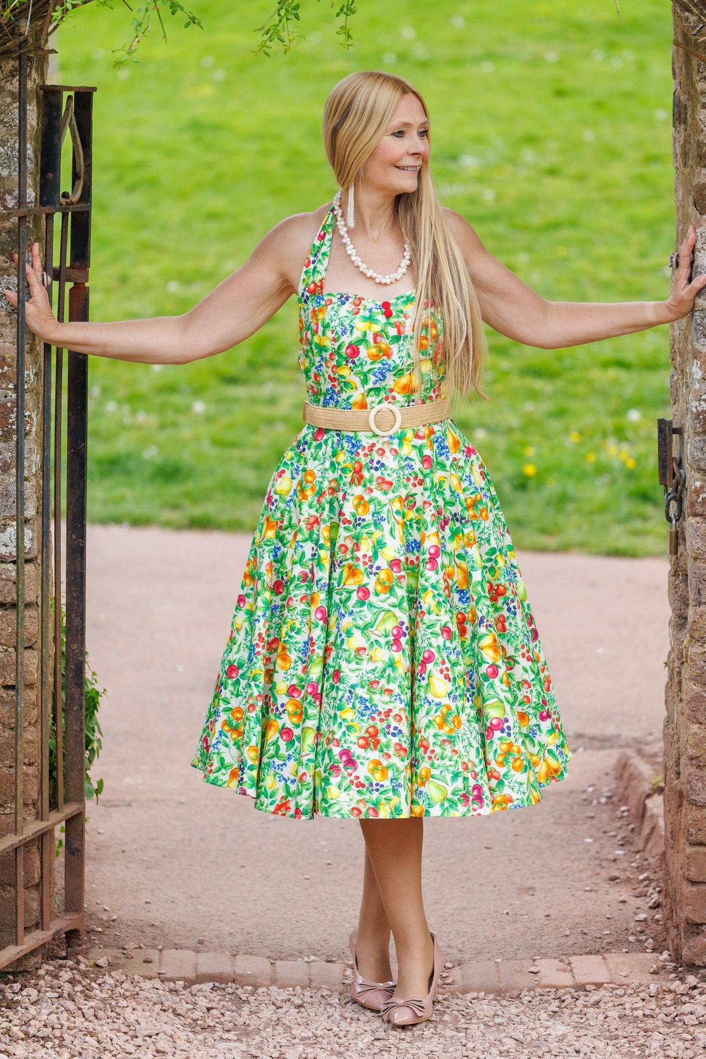 Daisy Mediterranean Fruit Halter Dress
