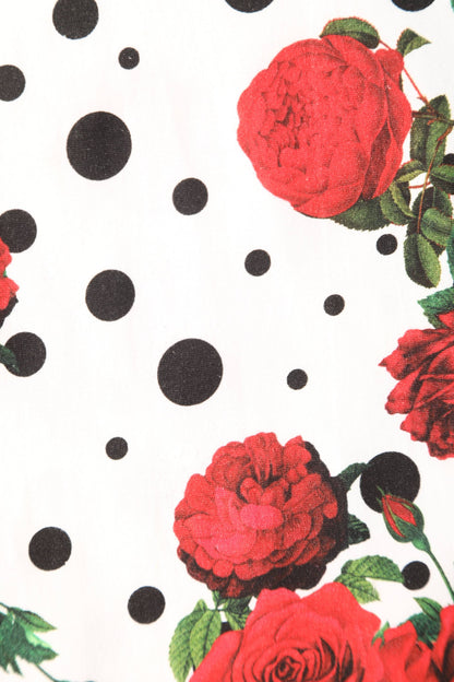 Judith Pleated Black Dress With Retro Roses & Spots