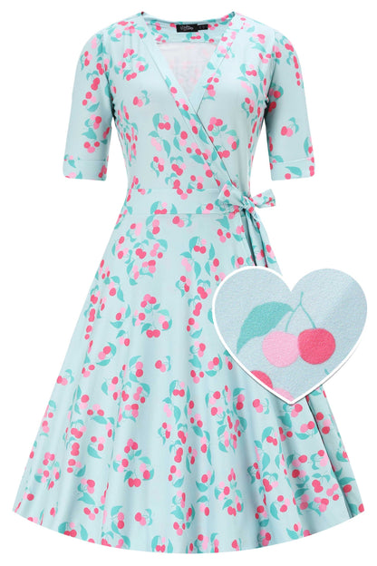 Matilda Baby Blue Cherry Wrap Dress