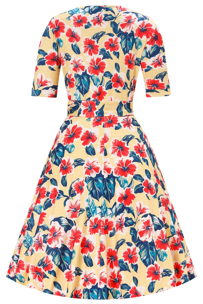 Matilda Hawaiian Hibiscus Wrap Dress in Yellow