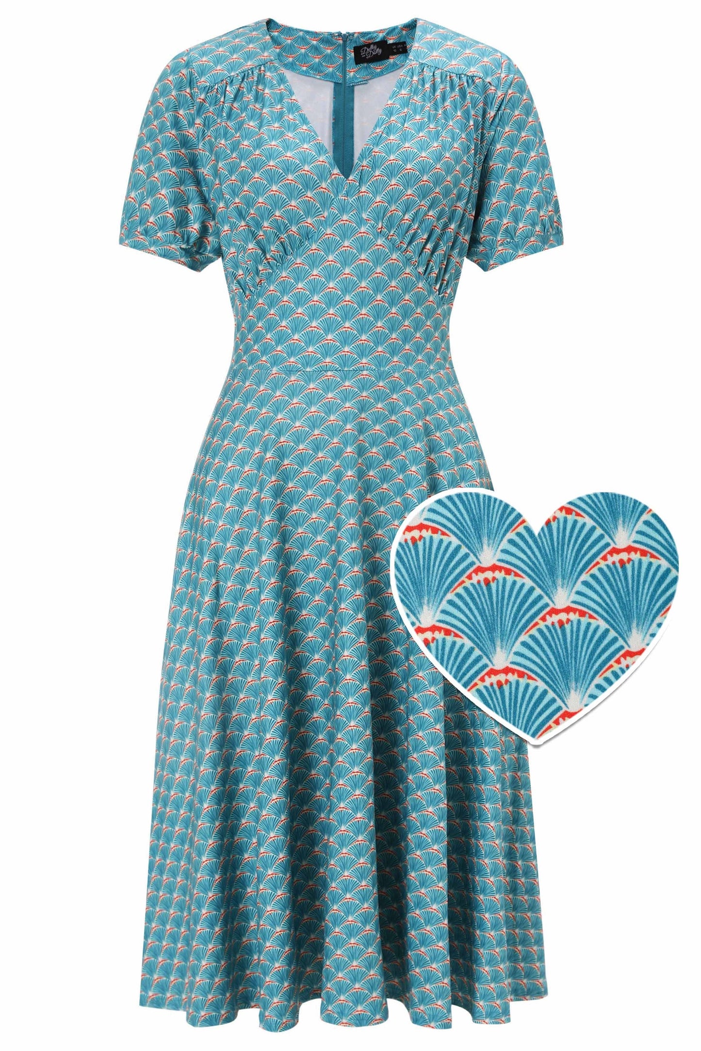 Julia 40s Teal Midi Dress In Seashell Print
