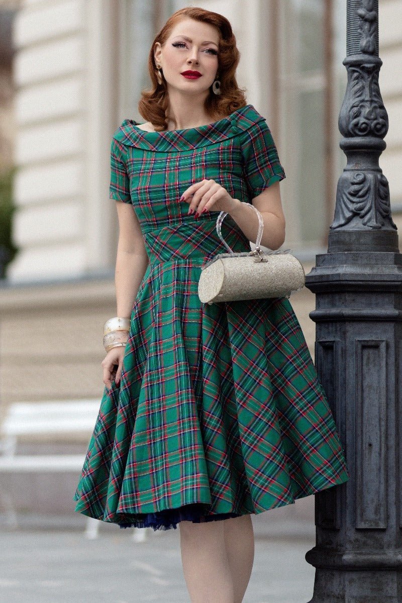 Darlene Vintage Swing Dress in Dark Green Plaid Print