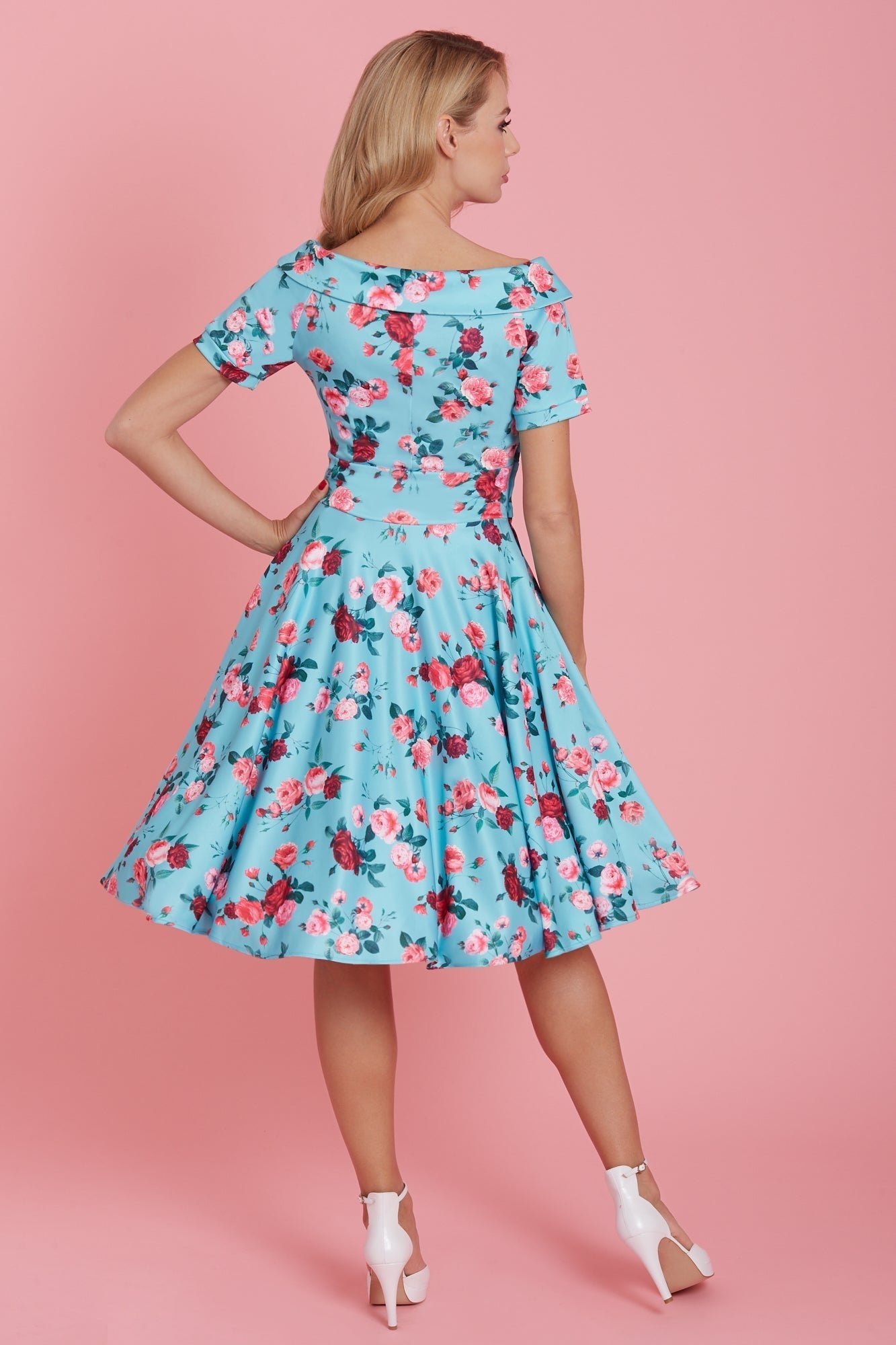 Darlene 50s Style Rose Floral Off Shoulder Swing Dress in Aqua Blue