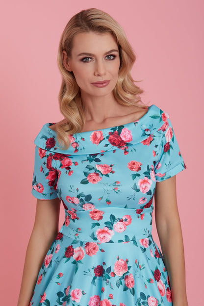 Darlene 50s Style Rose Floral Off Shoulder Swing Dress in Aqua Blue