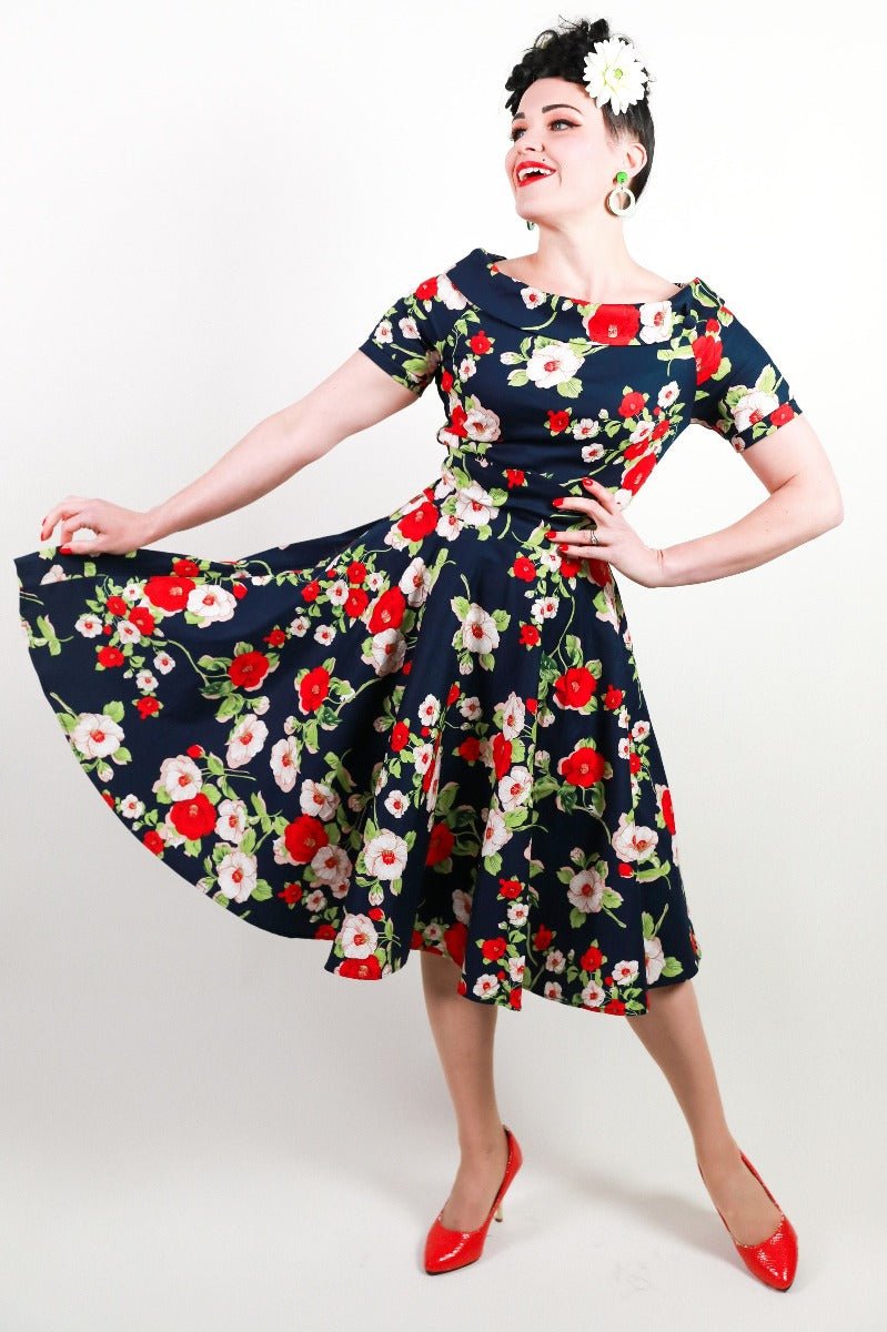Darlene Retro Floral Roses Swing Dress in Navy Blue