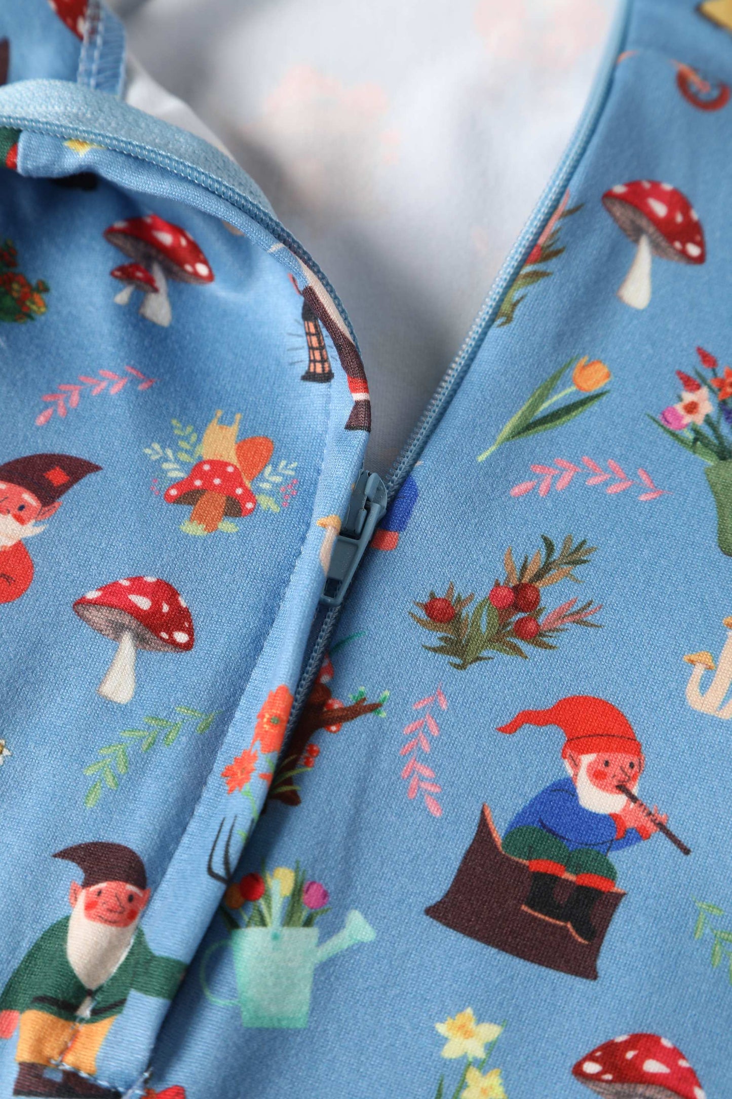 Janice Blue Petal Sleeved Tea Dress in Garden Gnome Print
