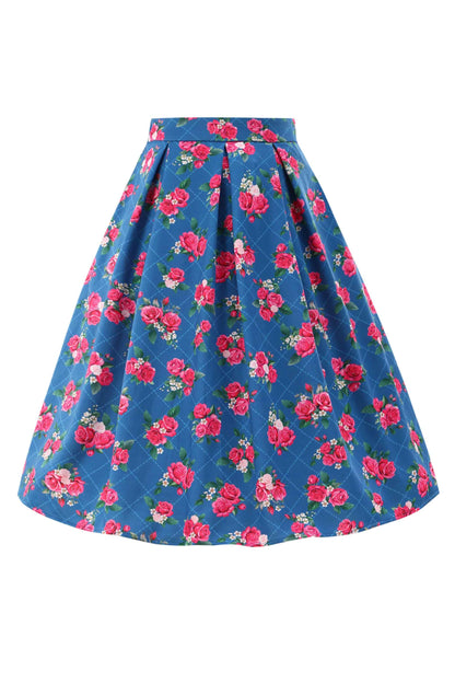 Aisley Blue Rose Pleated Midi Skirt