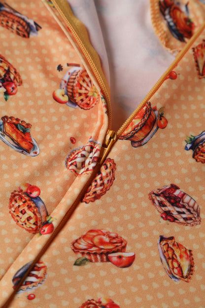 Palma Sleeved Tea Dress in Muted Orange Apple Pie Print