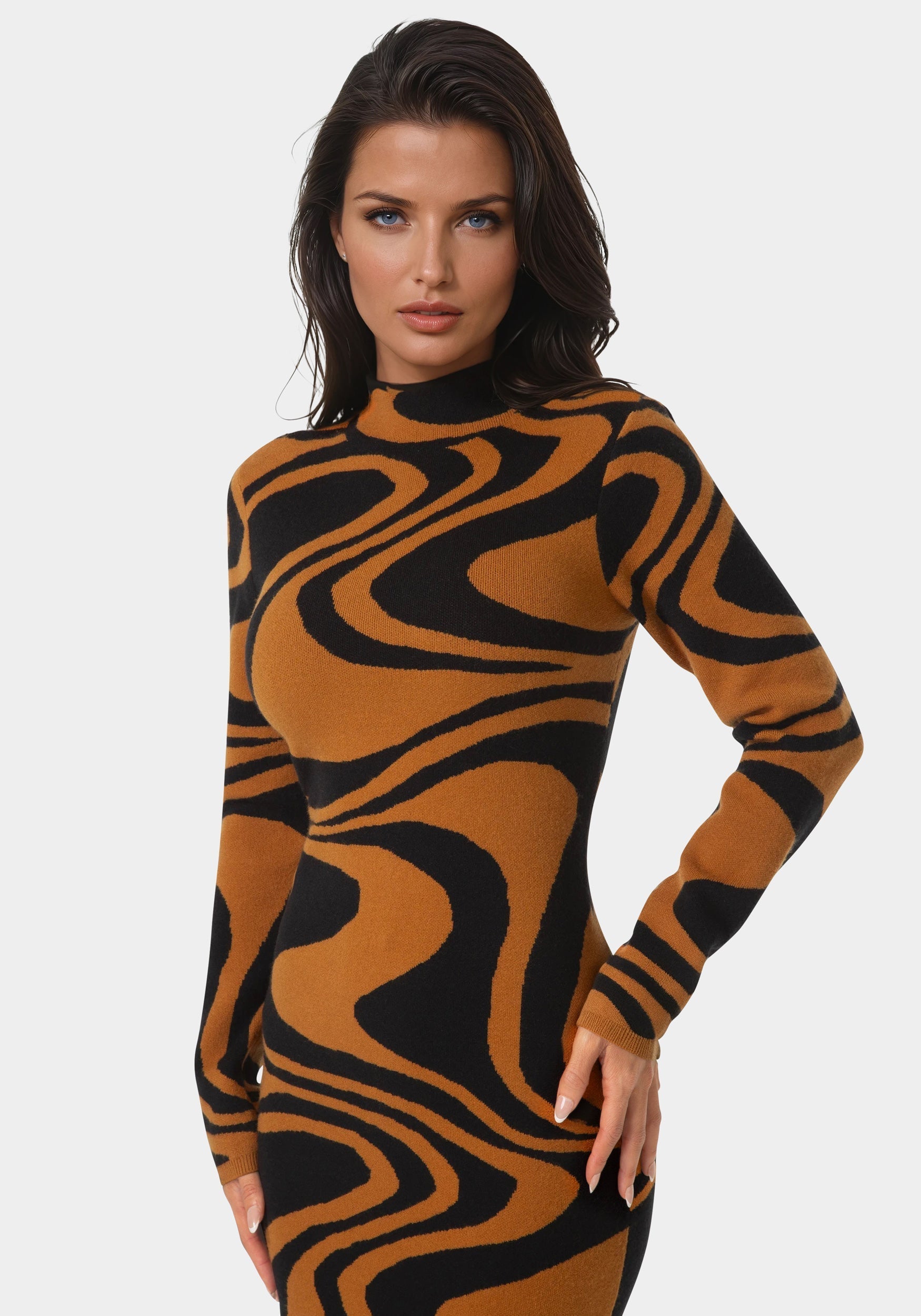 Jacquard Funnel Midi Sweater Dress