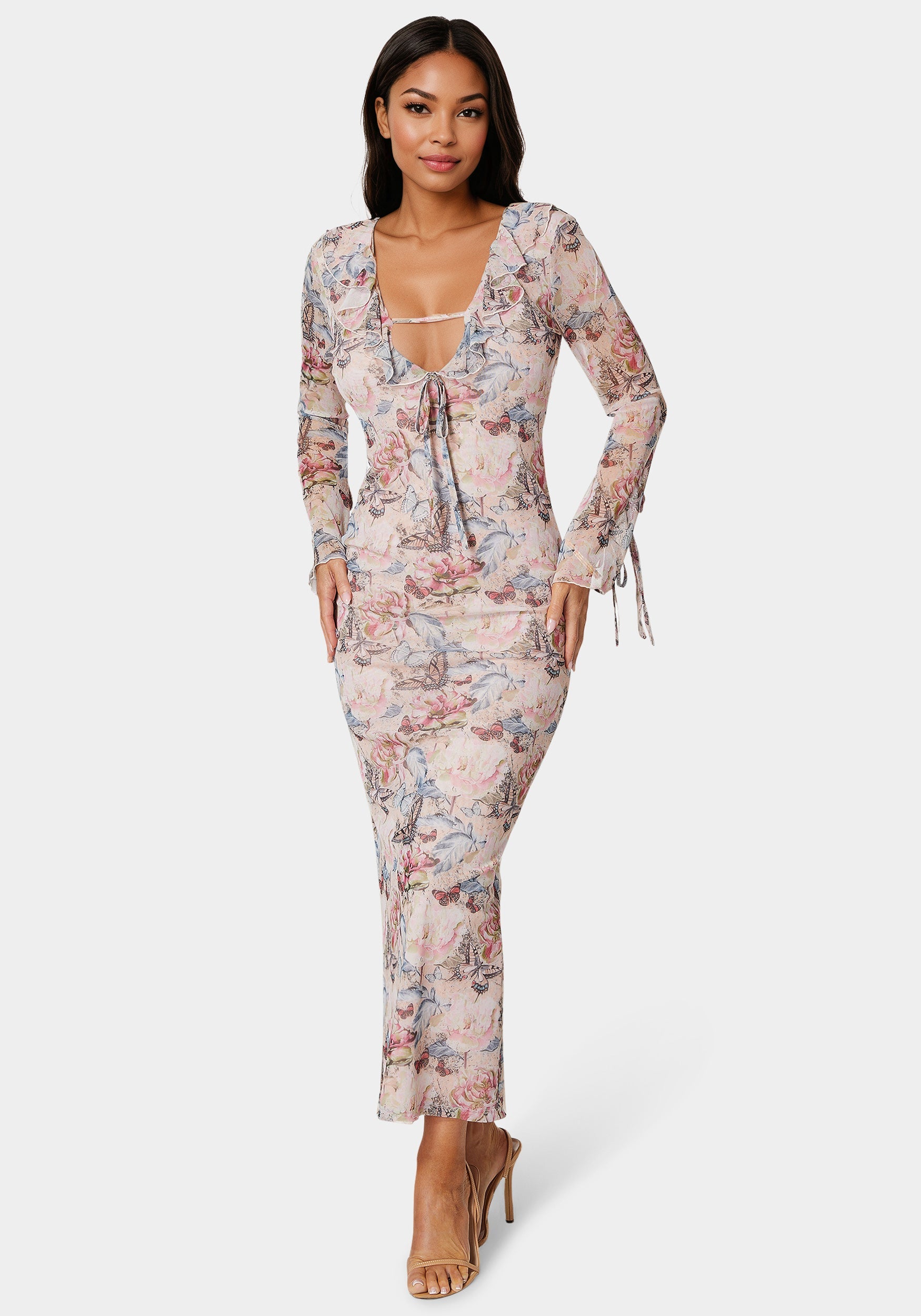 Ruffle Detail Mesh Maxi Dress