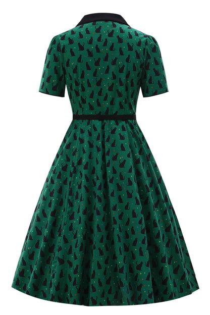 Mabel Black Cat Midi Shirt Dress In Green