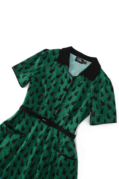 Mabel Black Cat Midi Shirt Dress In Green
