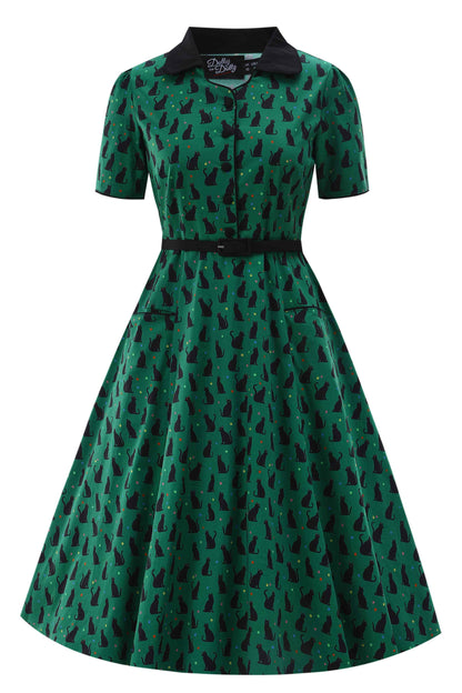 Mabel Black Cat Midi Shirt Dress In Green