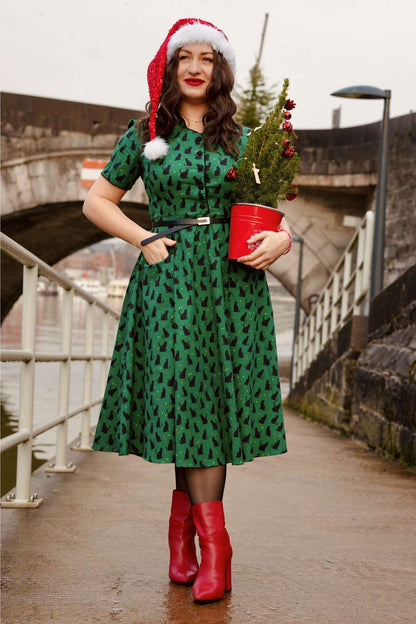 Mabel Black Cat Midi Shirt Dress In Green