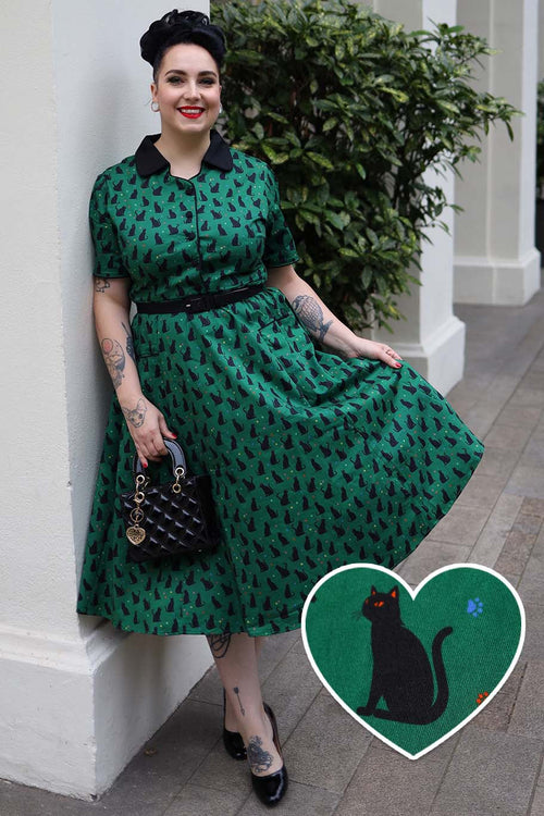 Mabel Black Cat Midi Shirt Dress In Green