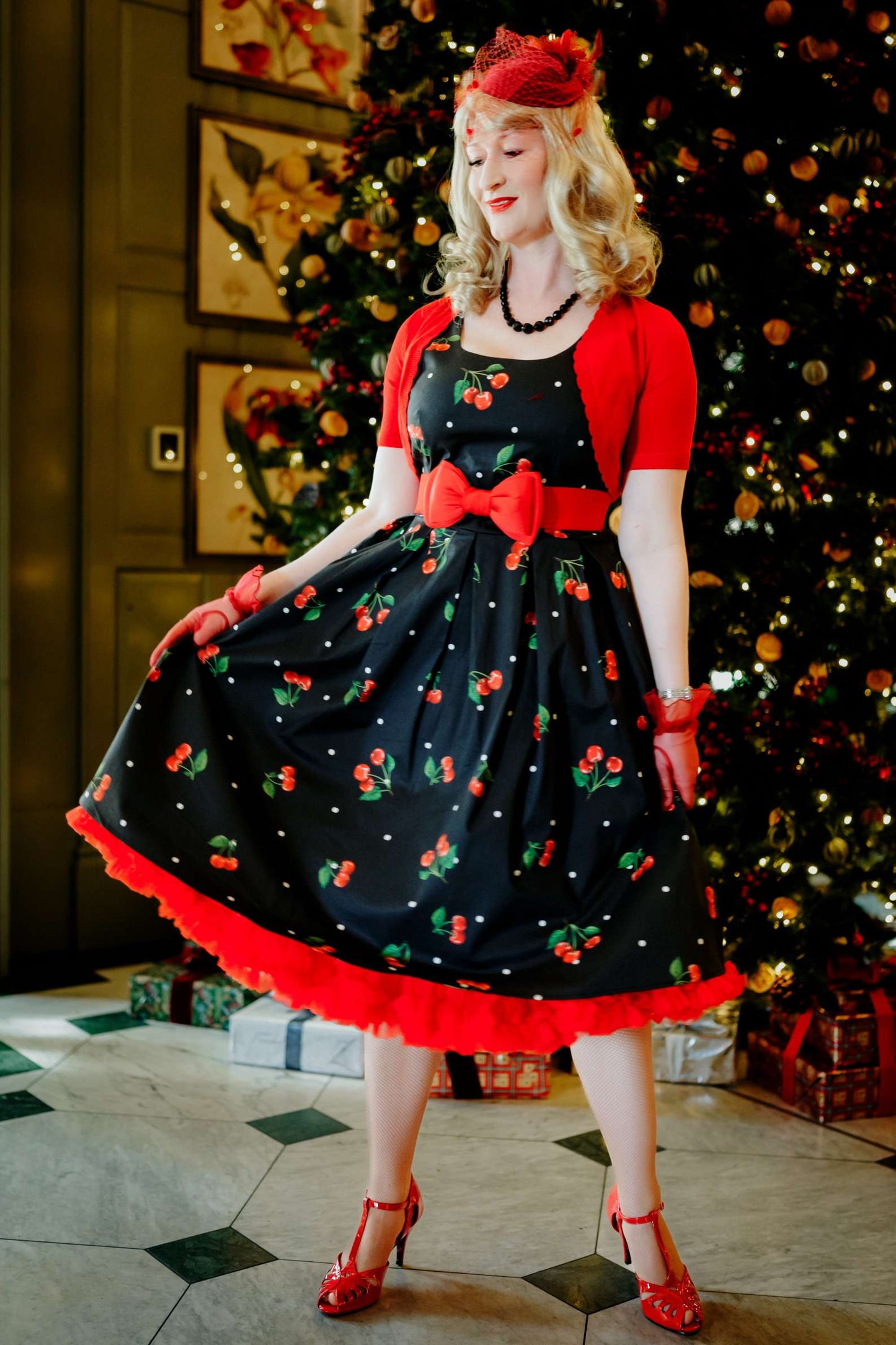 Amanda Black Cherry Retro Flared Dress In Cotton