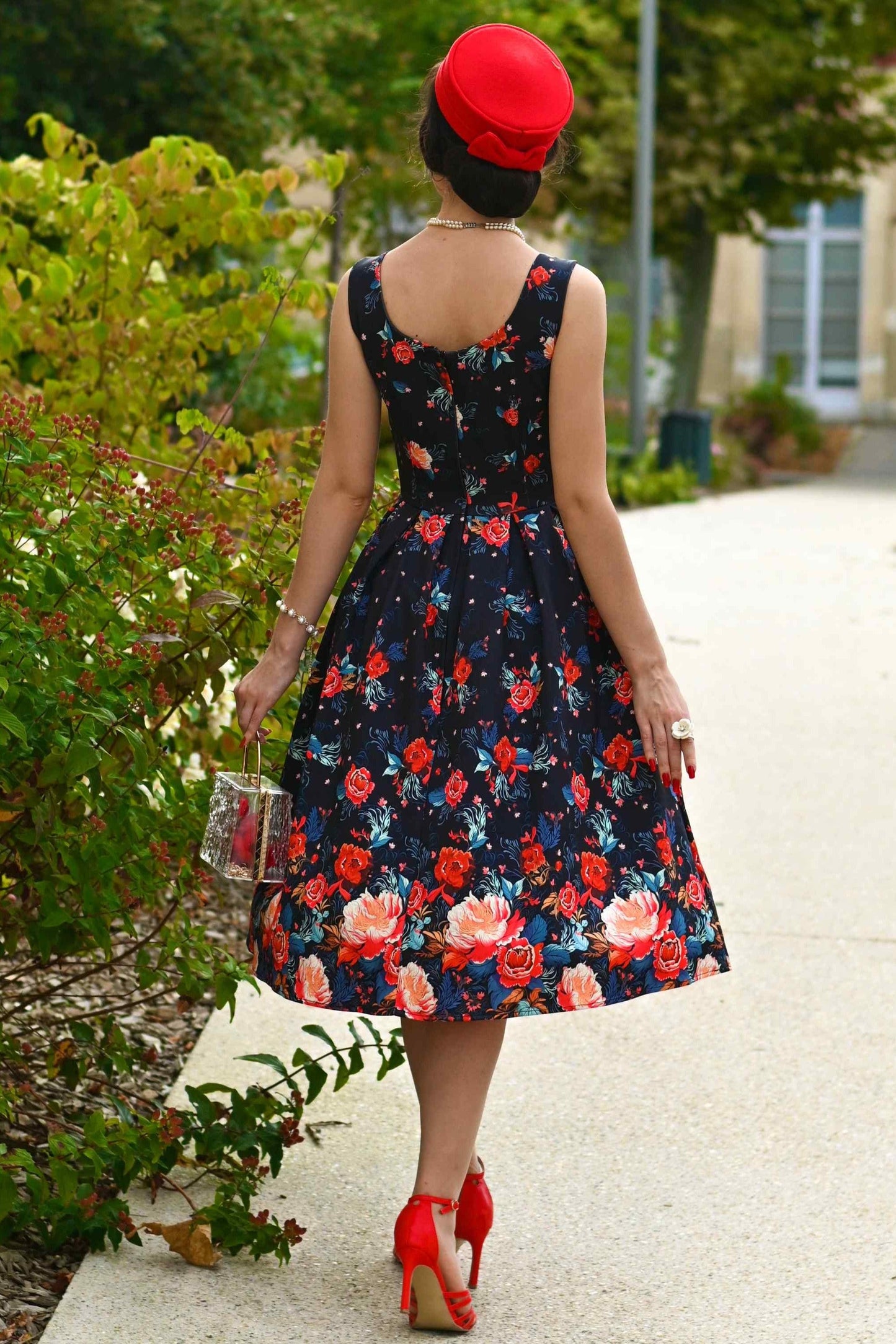Amanda Black Tapestry Floral Swing Dress