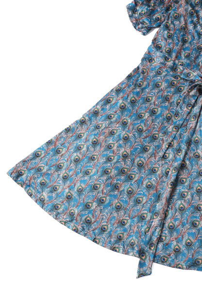 Matilda Blue Peacock Feather Wrap Dress