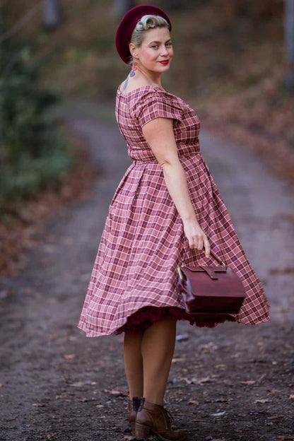 Lily Burgundy Tartan Off Shoulder Swing Dress