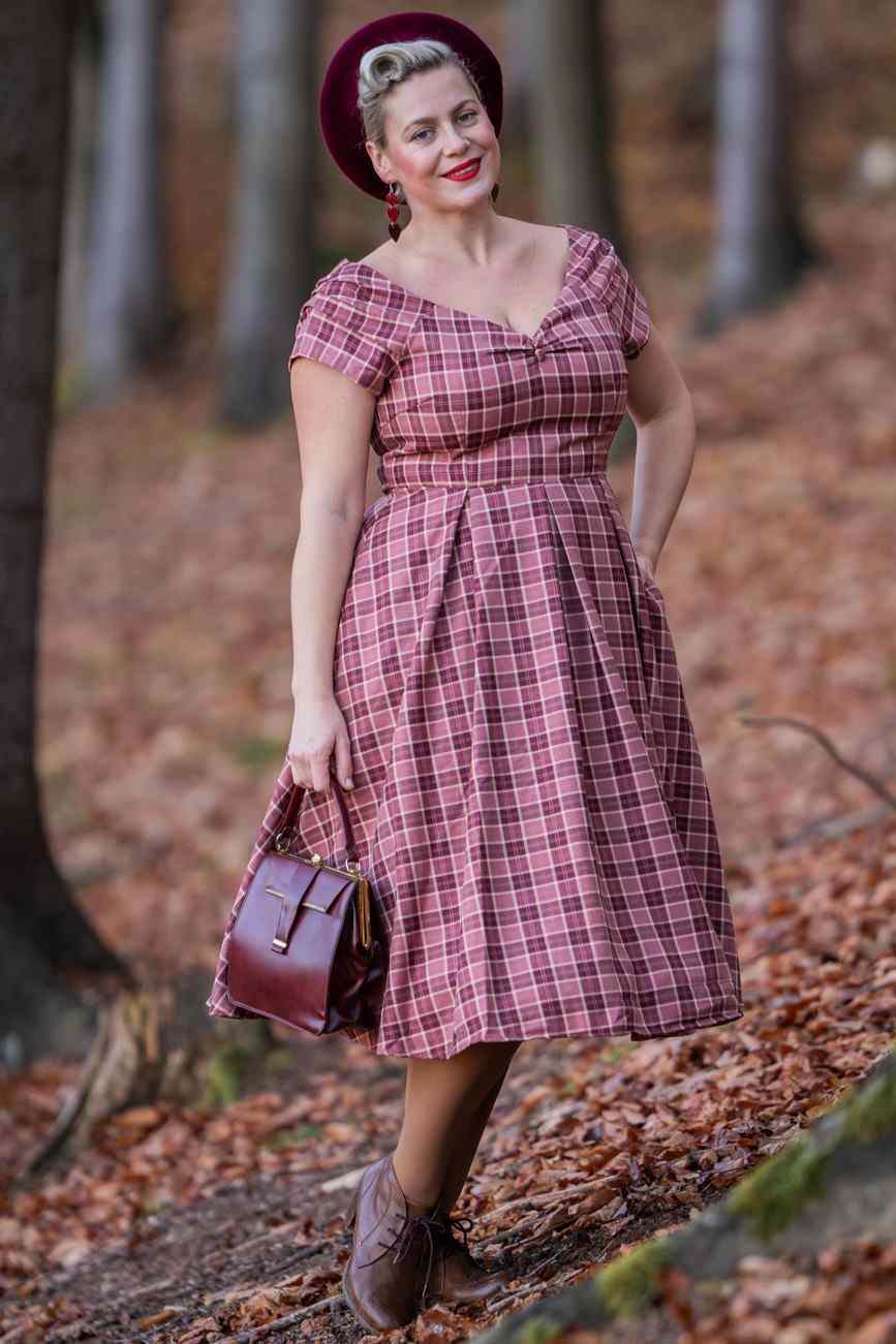 Lily Burgundy Tartan Off Shoulder Swing Dress