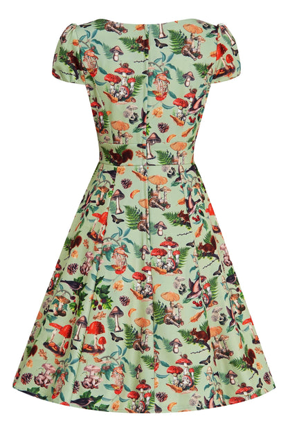 Claudia Cap Sleeved Dress in Mushroom, Squirrels Forest Print