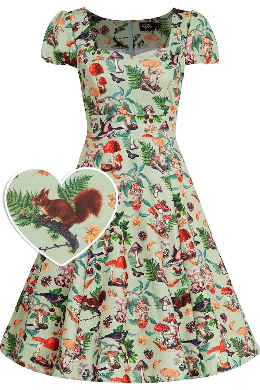 Claudia Cap Sleeved Dress in Mushroom, Squirrels Forest Print