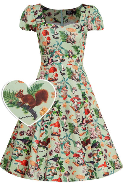 Claudia Cap Sleeved Dress in Mushroom, Squirrels Forest Print