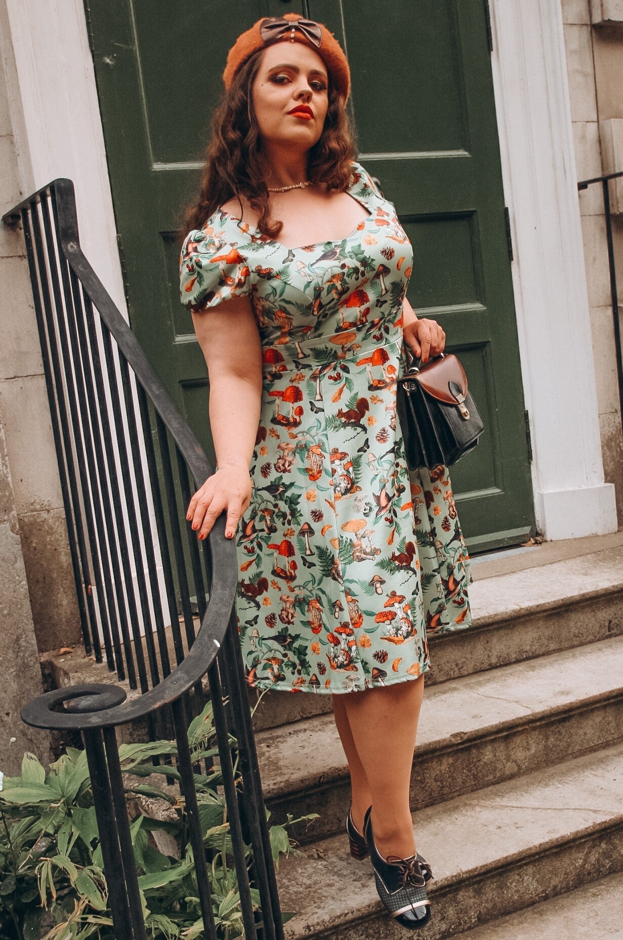 Claudia Cap Sleeved Dress in Mushroom, Squirrels Forest Print
