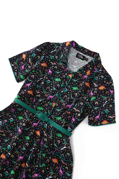 Mabel Dinosaur & Rainbow Midi Shirt Dress In Black