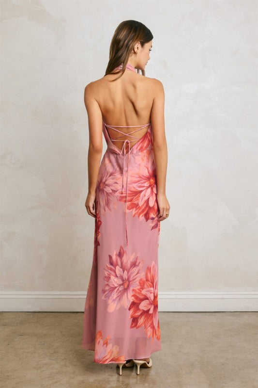 Caitlin Sleeveless Halter Open Back Floral Print Maxi Dress Pink