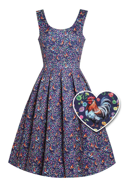 Amanda Flared Dress in Purple Floral Rooster Print