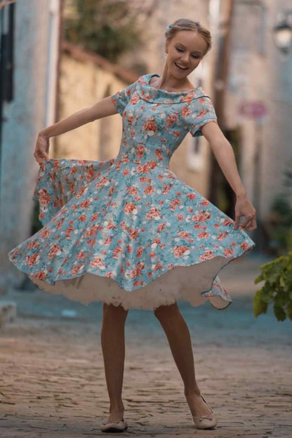 Darlene Blue Floral Off Shoulder Dress