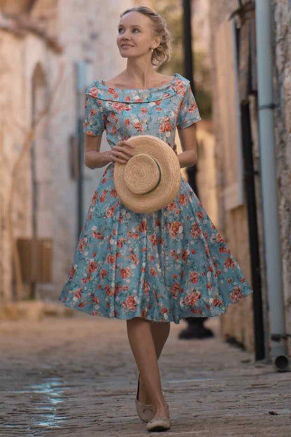 Darlene Blue Floral Off Shoulder Dress