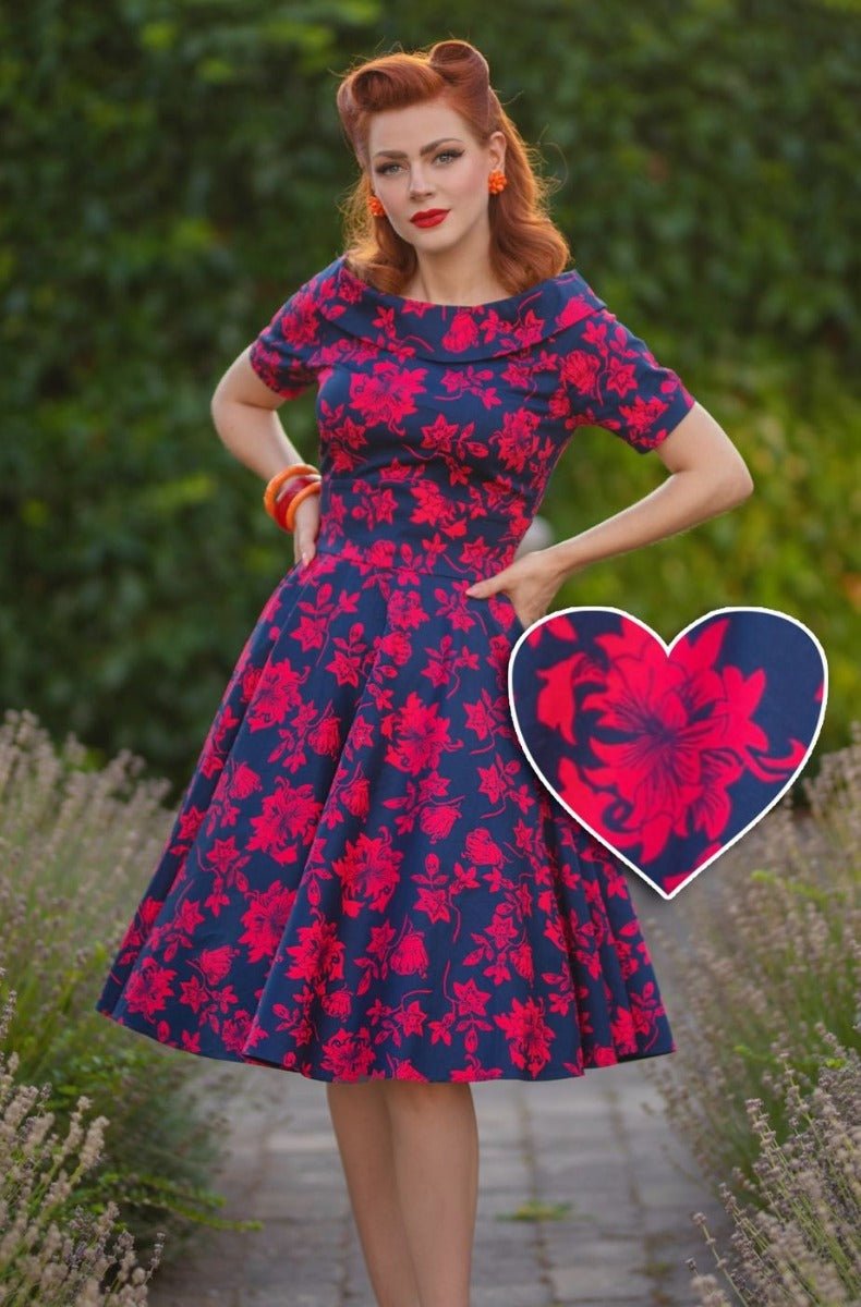 Darlene Floral Roses Swing Dress in Blue-Red