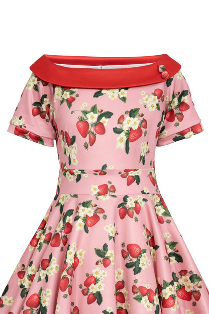Girls Darlene Flared Dress in Pink Strawberries