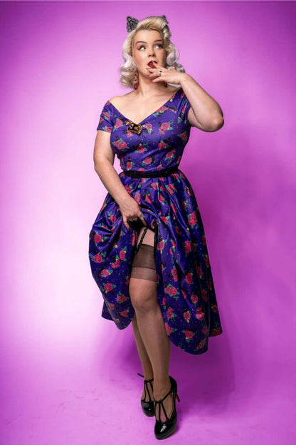 Lily Vintage Cat & Rose Off Shoulder Dress In Purple