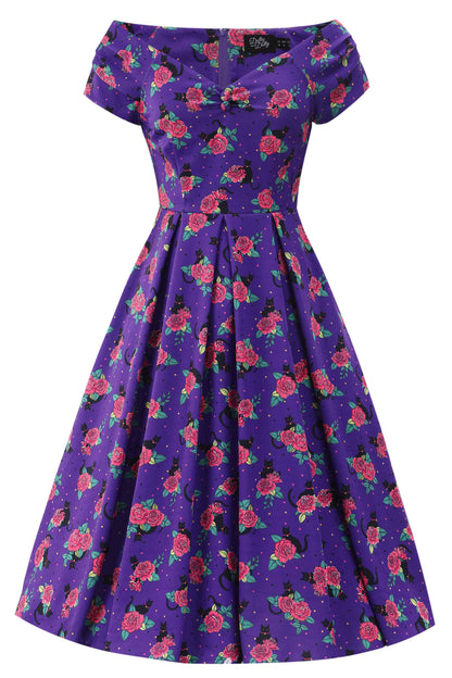 Lily Vintage Cat & Rose Off Shoulder Dress In Purple