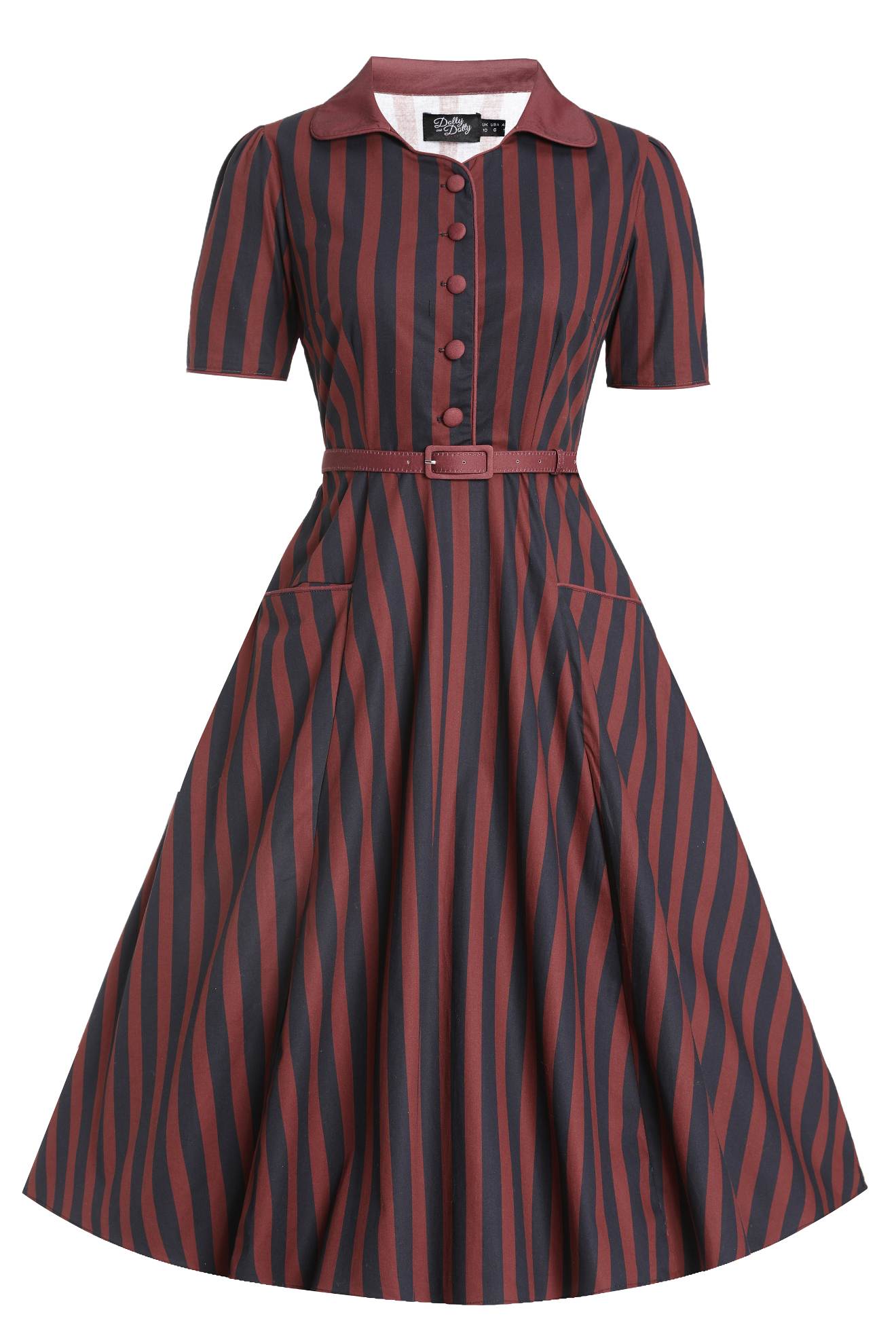 Mabel Rockabilly Striped Shirt Dress In Burgundy