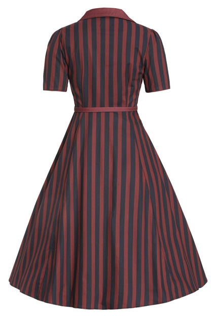 Mabel Rockabilly Striped Shirt Dress In Burgundy