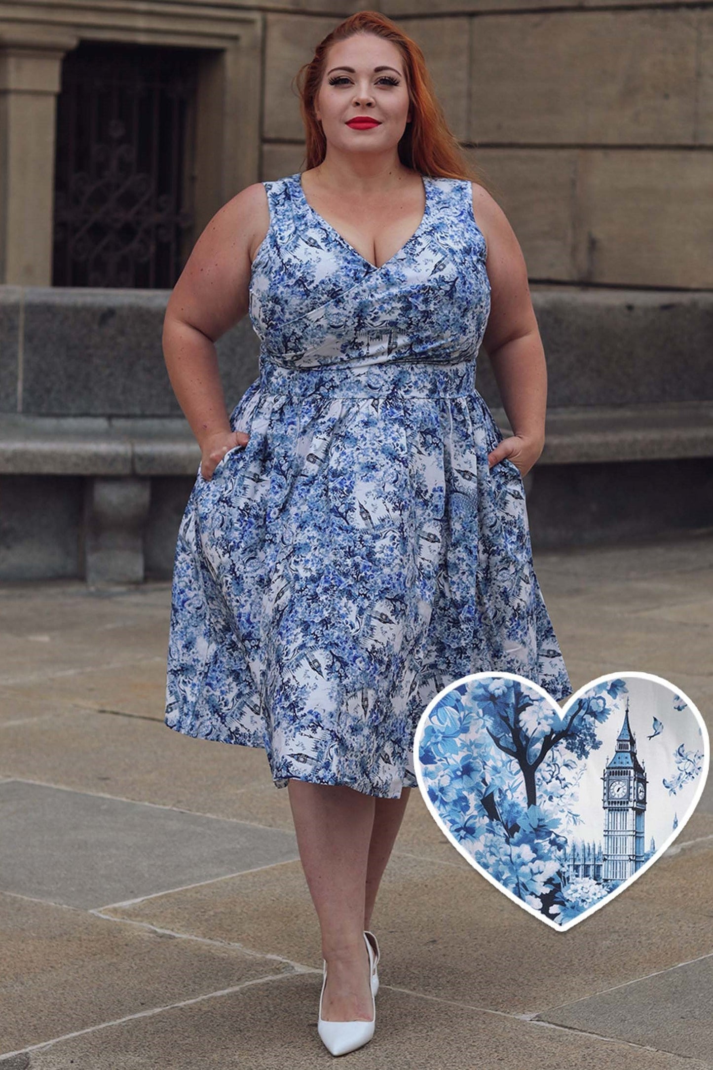 May White Crossover Bust Dress In Big Ben Print