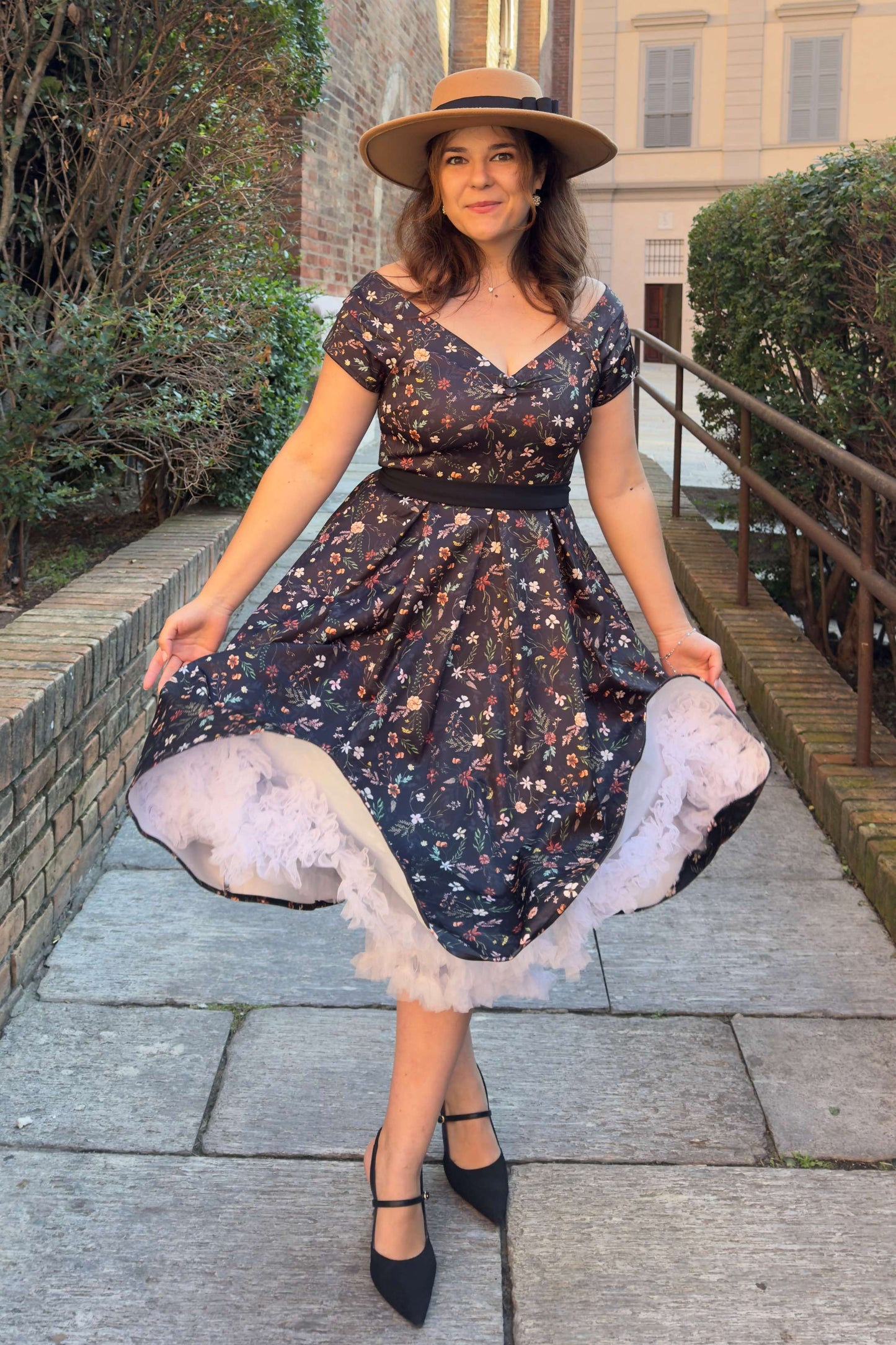 Lily Meadow Floral Black Off Shoulder Dress