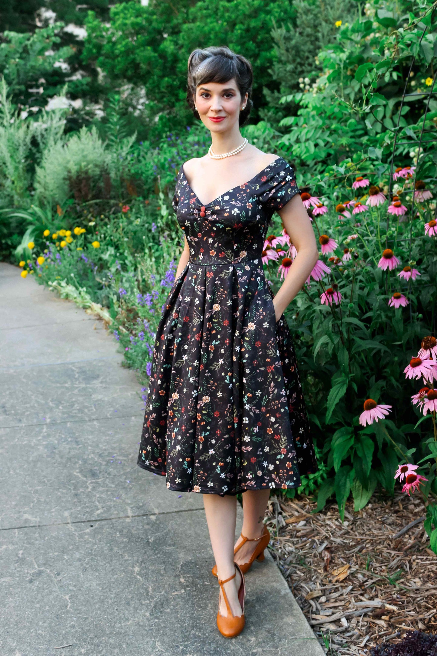 Lily Meadow Floral Black Off Shoulder Dress