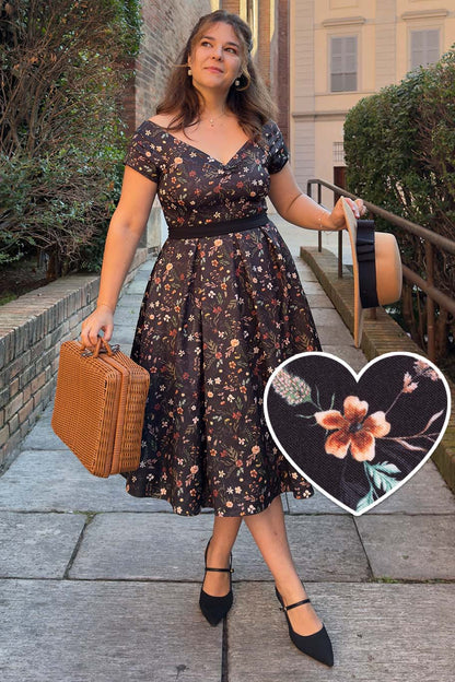 Lily Meadow Floral Black Off Shoulder Dress